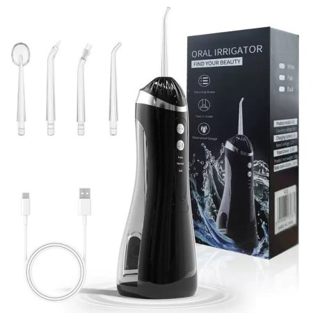 جهاز تنظيف الأسنان مع 4 رؤوس ضخ ماء عالي USB شحن ابيض/اسود QM20/4